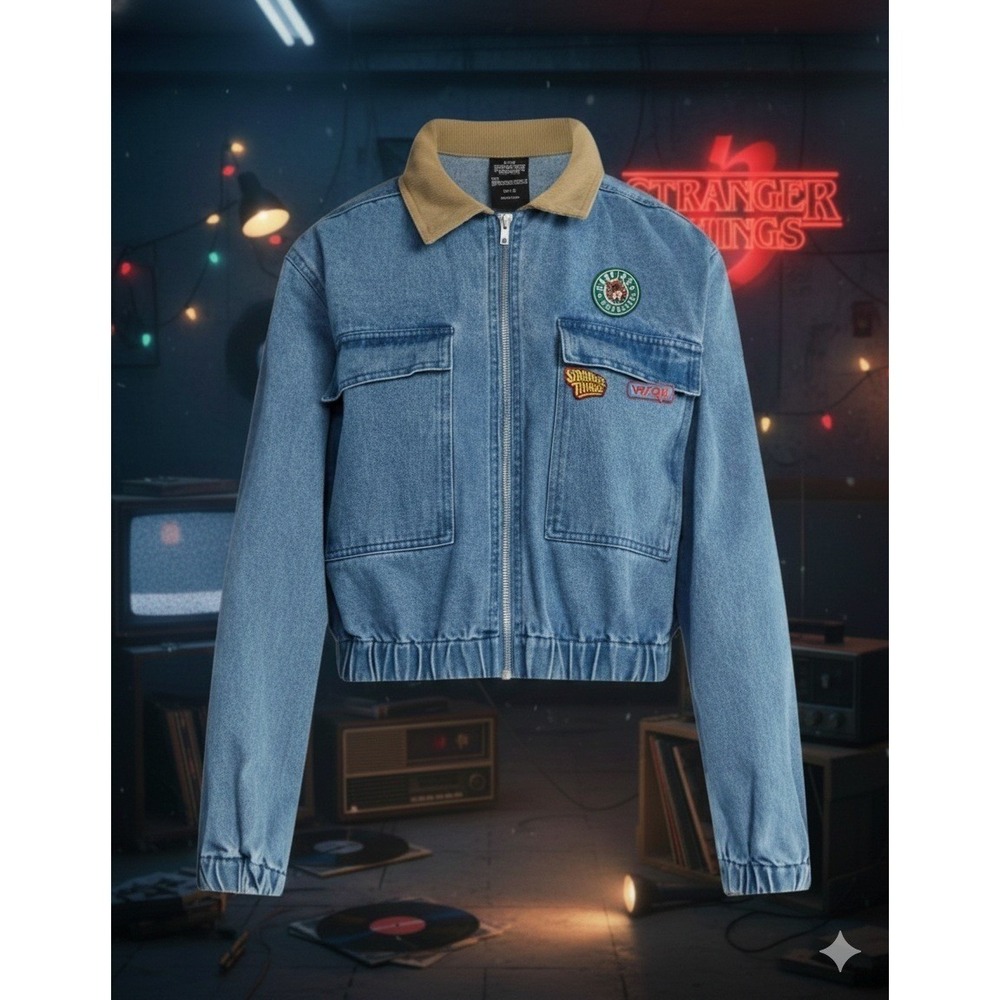 Stranger Things Hawkins High Denim Jacket Womens L Patch Zip Up Netflix Retro